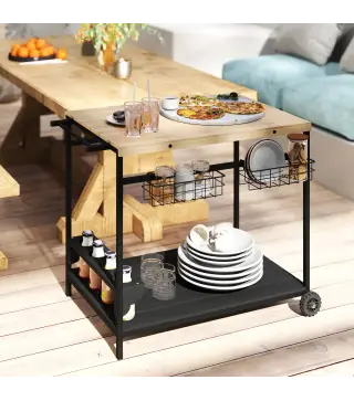 Camarera con Ruedas de Madera con 2 Estantes 2 Cestas Metálicas y Soportes para Botellas 97,5x65x81 cm Natural y Negro