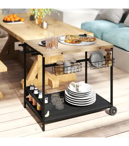 Camarera con Ruedas de Madera con 2 Estantes 2 Cestas Metálicas y Soportes para Botellas 97,5x65x81 cm Natural y Negro