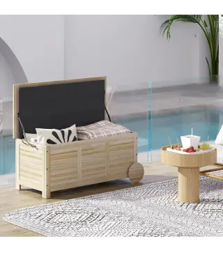 Baúl de Madera Exterior de 185L con 2 Ruedas Cuerdas de lino Bisagras Metálicas y Forro Interno 110x50x50 cm Natural