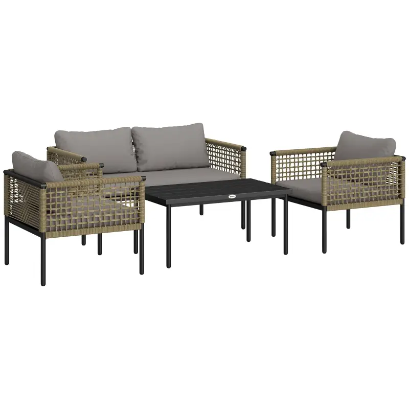 Conjunto de Muebles de Jardín 4 Piezas con Sofá Sillones Mesa de Centro y Cojines Natural y Gris