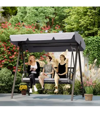 Columpio de Jardín de 3 Plazas con Toldo Ajustable Cojín y Estructura de Acero Carga 360 kg 205x133x181 cm Gris