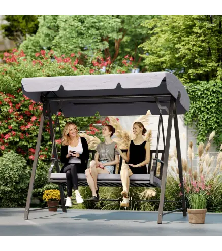 Columpio de Jardín de 3 Plazas con Toldo Ajustable Cojín y Estructura de Acero Carga 360 kg 205x133x181 cm Gris