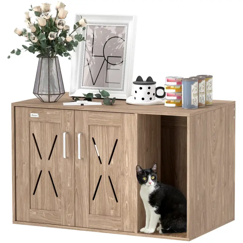 Mueble Arenero para Gatos 3 en 1 con Puertas Estera para Rascar y Compartimento 80x48x50,5 cm Marrón