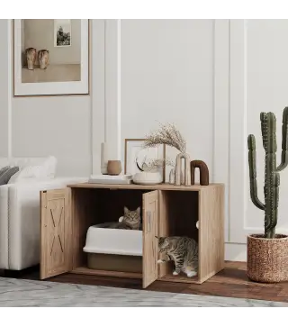 Mueble Arenero para Gatos 3 en 1 con Puertas Estera para Rascar y Compartimento 80x48x50,5 cm Marrón