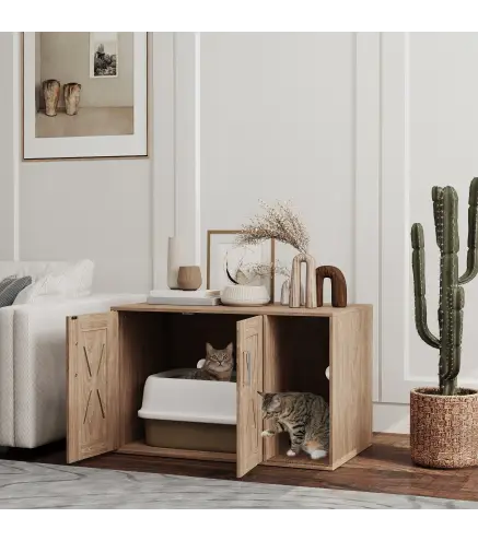 Mueble Arenero para Gatos 3 en 1 con Puertas Estera para Rascar y Compartimento 80x48x50,5 cm Marrón