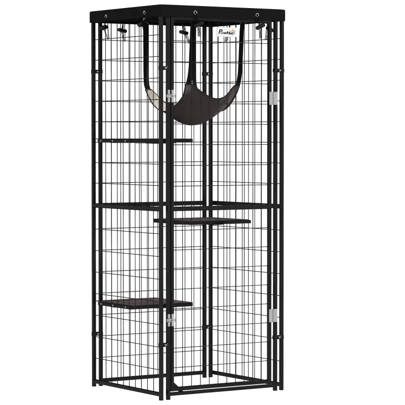 Jaula para Gatos Exterior e Interior Metálica con Cubierta Impermeable Perchas Hamaca y Puerta 61,5x55x157 cm Negro