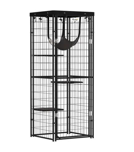 Jaula para Gatos Exterior e Interior Metálica con Cubierta Impermeable Perchas Hamaca y Puerta 61,5x55x157 cm Negro