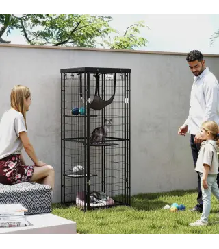 Jaula para Gatos Exterior e Interior Metálica con Cubierta Impermeable Perchas Hamaca y Puerta 61,5x55x157 cm Negro