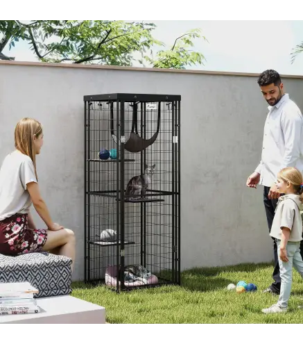 Jaula para Gatos Exterior e Interior Metálica con Cubierta Impermeable Perchas Hamaca y Puerta 61,5x55x157 cm Negro