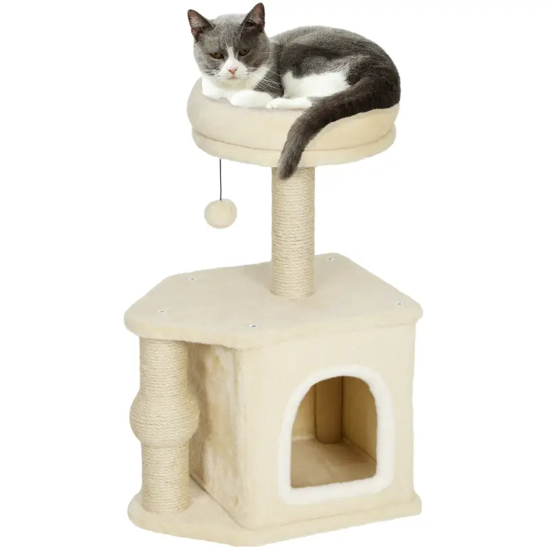 Árbol para Gatos Altura 66 cm Torre para Gatos con Cama Cueva Plataforma Bola Colgante y Poste de Yute Beige