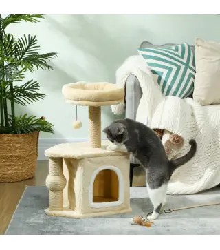 Árbol para Gatos Altura 66 cm Torre para Gatos con Cama Cueva Plataforma Bola Colgante y Poste de Yute Beige