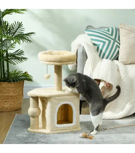 Árbol para Gatos Altura 66 cm Torre para Gatos con Cama Cueva Plataforma Bola Colgante y Poste de Yute Beige