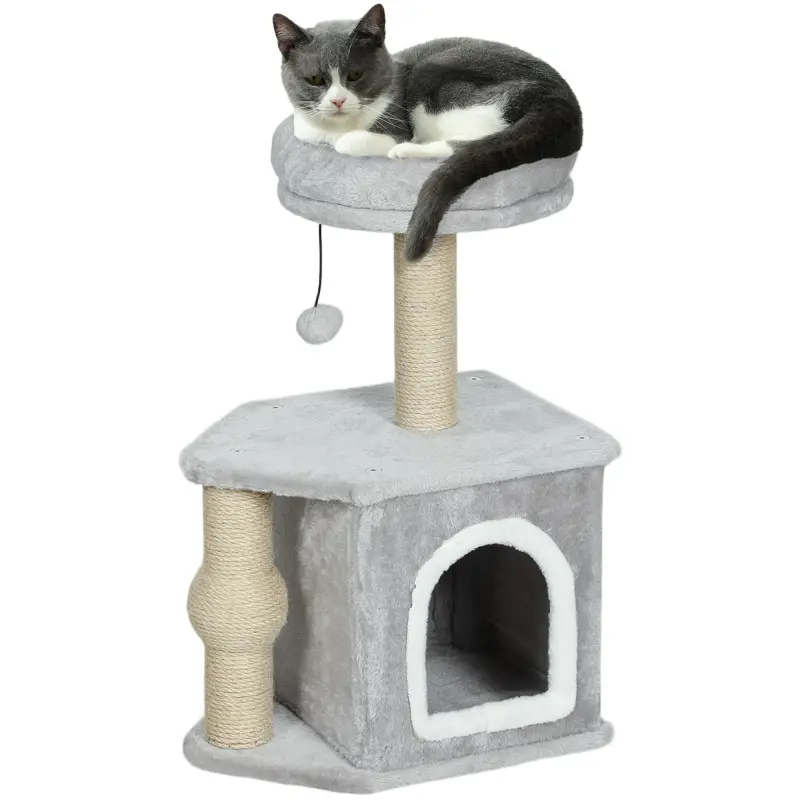Árbol para Gatos Altura 66 cm Torre para Gatos con Cama Cueva Plataforma Bola Colgante y Poste de Yute Gris Claro