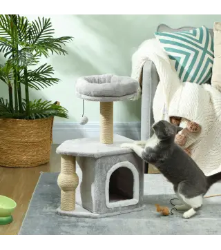 Árbol para Gatos Altura 66 cm Torre para Gatos con Cama Cueva Plataforma Bola Colgante y Poste de Yute Gris Claro