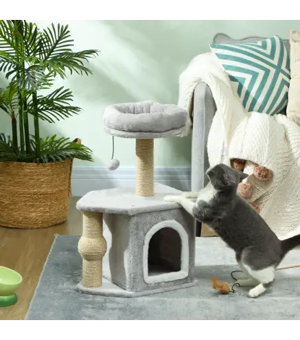 Árbol para Gatos Altura 66 cm Torre para Gatos con Cama Cueva Plataforma Bola Colgante y Poste de Yute Gris Claro