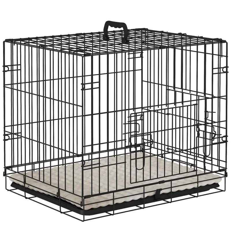 Jaula para Perros Plegable con Cojín Puertas Bandeja Extraíble y Marco de Alambre Metálico 60x45x50 cm Negro y Beige
