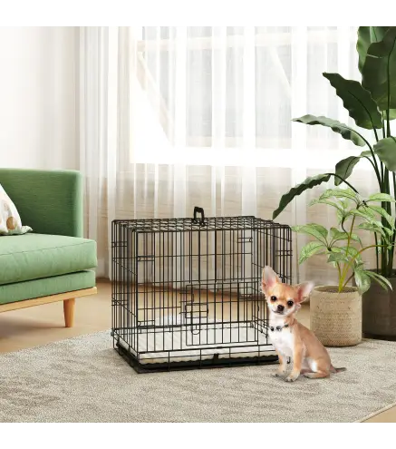 Jaula para Perros Plegable con Cojín Puertas Bandeja Extraíble y Marco de Alambre Metálico 60x40x50 cm Negro y Beige