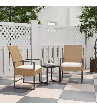 Conjunto de Jardín Exterior de Ratán de 3 Piezas con Respaldo Ajustable Cojines Acolchados y Encimera de Vidrio Beige