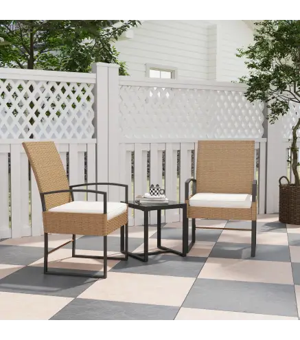 Conjunto de Jardín Exterior de Ratán de 3 Piezas con Respaldo Ajustable Cojines Acolchados y Encimera de Vidrio Beige