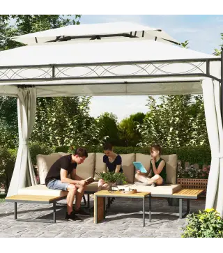 Conjunto de Sofás de Exterior Modular de Acero y Madera de Acacia con Mesa Auxiliar y Cojines Extraíbles