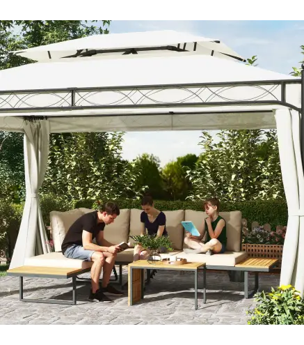 Conjunto de Sofás de Exterior Modular de Acero y Madera de Acacia con Mesa Auxiliar y Cojines Extraíbles