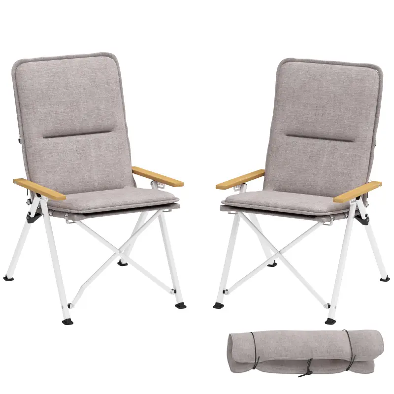 Sillas de Camping Plegables de Aluminio con Respaldo Alto Ajustable Reposabrazos de Madera 59x67x96 cm Gris Claro