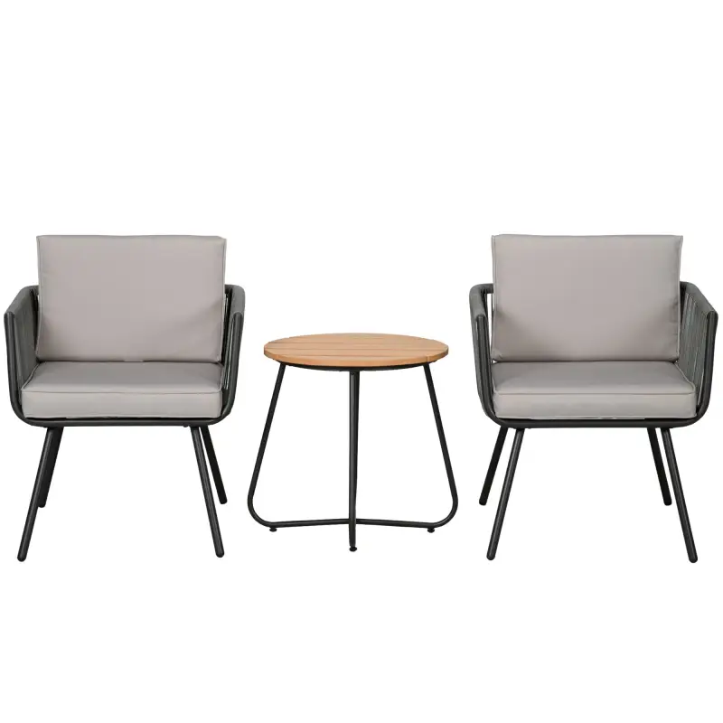 Conjunto de Muebles de Jardín de Ratán 3 Piezas Incluye 1 Mesa y 2 Sillones con Cojines Acolchados Gris