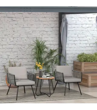 Conjunto de Muebles de Jardín de Ratán 3 Piezas Incluye 1 Mesa y 2 Sillones con Cojines Acolchados Gris