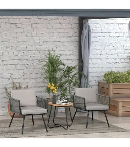 Conjunto de Muebles de Jardín de Ratán 3 Piezas Incluye 1 Mesa y 2 Sillones con Cojines Acolchados Gris