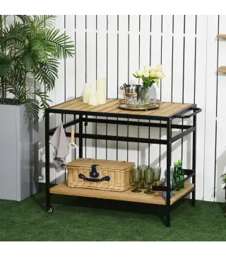 Camarera con Ruedas de Madera con 2 Estantes 3 Ganchos Encimera de Listones y Asa 107x65x80 cm Natural