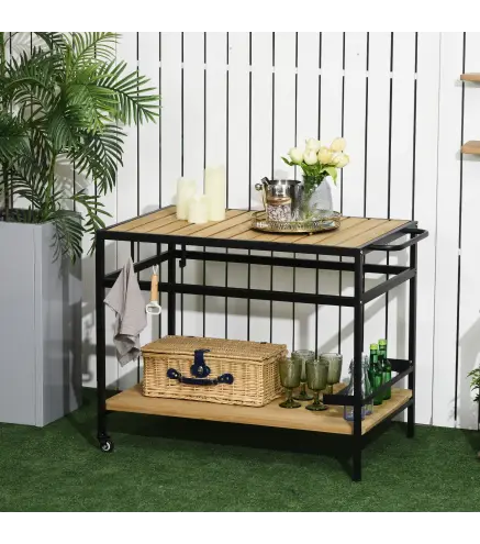 Camarera con Ruedas de Madera con 2 Estantes 3 Ganchos Encimera de Listones y Asa 107x65x80 cm Natural