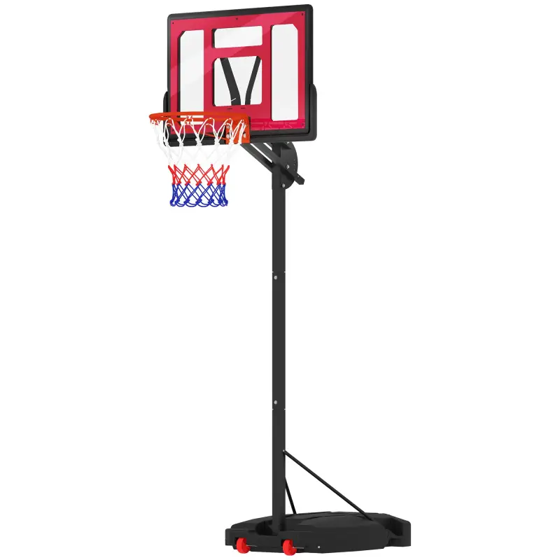 Canasta de Baloncesto Infantil con Altura Ajustable 200-260 cm Ruedas Base Rellenable y Bolsa de Peso Rojo y Negro
