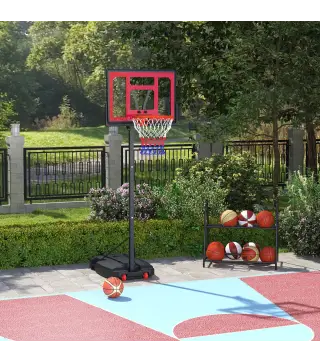 Canasta de Baloncesto Infantil con Altura Ajustable 200-260 cm Ruedas Base Rellenable y Bolsa de Peso Rojo y Negro