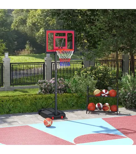 Canasta de Baloncesto Infantil con Altura Ajustable 200-260 cm Ruedas Base Rellenable y Bolsa de Peso Rojo y Negro