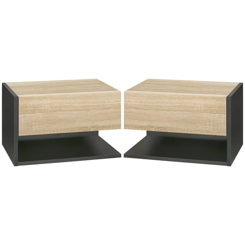 Juego de 2 Mesitas de Noche Flotantes Mesitas de Noche Colgantes con 1 Cajón y Estante Abierto 46x30x30cm Roble y Negro