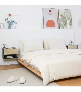 Juego de 2 Mesitas de Noche Flotantes Mesitas de Noche Colgantes con 1 Cajón y Estante Abierto 46x30x30cm Roble y Negro