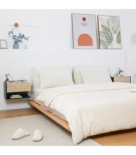 Juego de 2 Mesitas de Noche Flotantes Mesitas de Noche Colgantes con 1 Cajón y Estante Abierto 46x30x30cm Roble y Negro