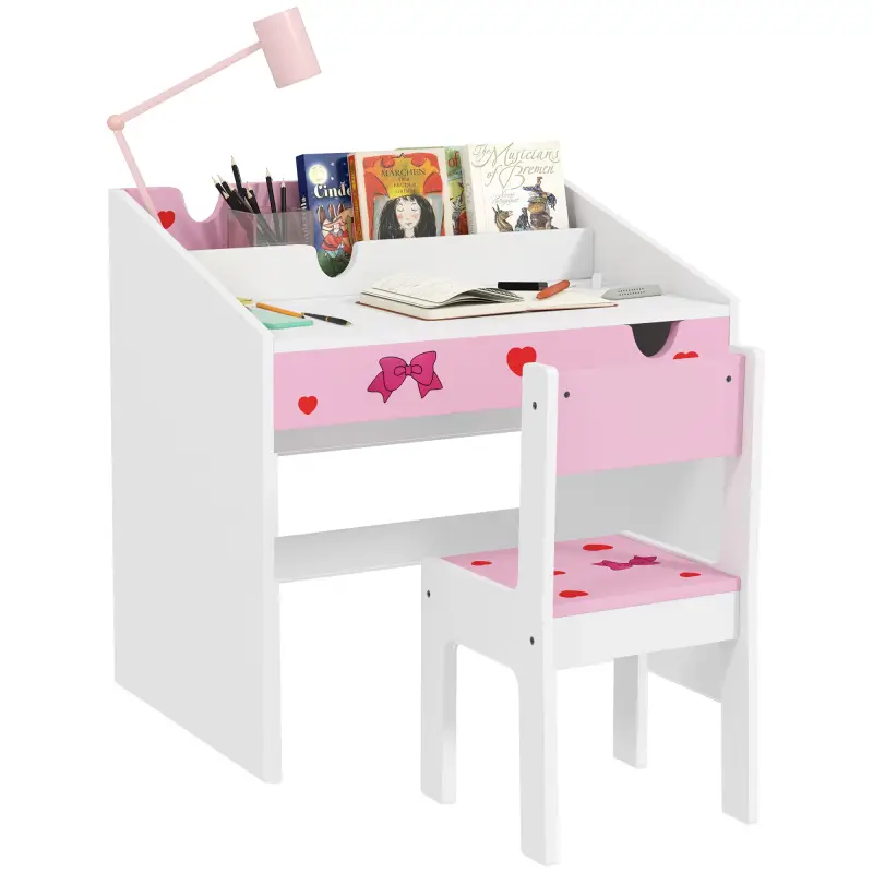 Juego de Escritorio y Silla para Niños de +3 Años con Cajón Extraíble y Compartimento Rosa y Blanco