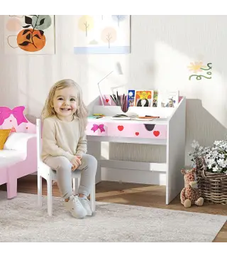 Juego de Escritorio y Silla para Niños de +3 Años con Cajón Extraíble y Compartimento Rosa y Blanco