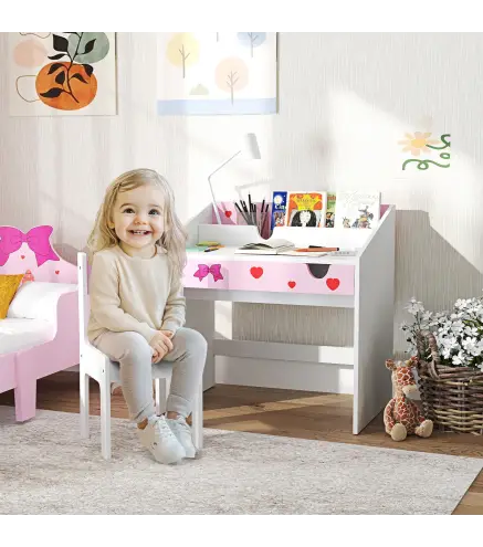 Juego de Escritorio y Silla para Niños de +3 Años con Cajón Extraíble y Compartimento Rosa y Blanco
