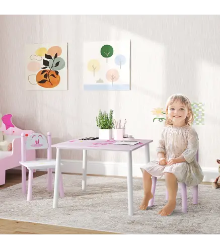 Mesa y Sillas Infantiles para Niños de 2-5 Años de 3 Piezas Mesa Infantil con Sillas para Sala de Juegos Rosa y Blanco