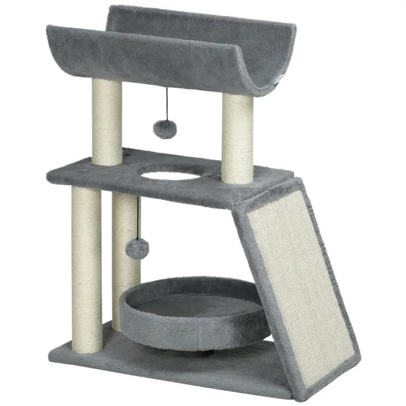 Mini Rascador para Gatos con Postes de Yute Plataforma en U Cama de Felpa y Juguetes Colgantes 60x30x76 cm Gris Claro