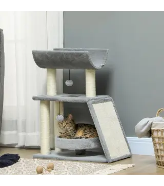 Mini Rascador para Gatos con Postes de Yute Plataforma en U Cama de Felpa y Juguetes Colgantes 60x30x76 cm Gris Claro