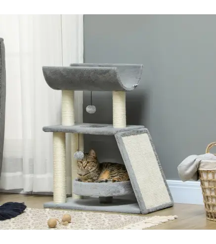 Mini Rascador para Gatos con Postes de Yute Plataforma en U Cama de Felpa y Juguetes Colgantes 60x30x76 cm Gris Claro