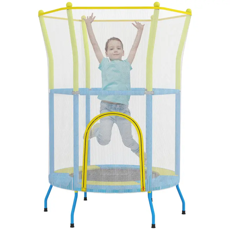 Trampolín Infantil de Interior con Red de Seguridad Cuerdas Elásticas y Barras Acolchadas 3-6 Años Ø140x190cm Azul Claro
