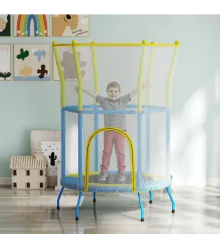 Trampolín Infantil de Interior con Red de Seguridad Cuerdas Elásticas y Barras Acolchadas 3-6 Años Ø140x190cm Azul Claro