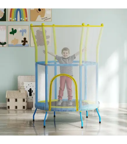Trampolín Infantil de Interior con Red de Seguridad Cuerdas Elásticas y Barras Acolchadas 3-6 Años Ø140x190cm Azul Claro