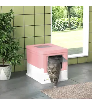 Arenero Cubierto para Gatos Desmontable con Entrada Frontal y Salida Superior con Pala 47,5x35,5x36,7 cm Rosa y Blanco