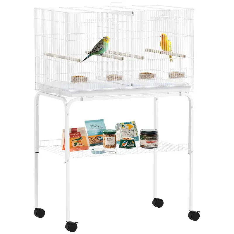 Jaula para Pájaros con Divisor Comederos Bandeja Extraíble y Soporte para Canarios y Periquitos 76x46x46/116 cm Blanco