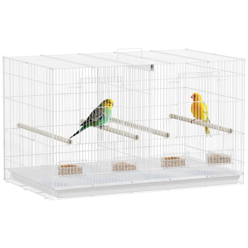 Jaula para Pájaros con Divisor 4 Comederos 4 Perchas Bandeja Extraíble para Loros Canarios Periquitos 76x46x46 cm Blanco